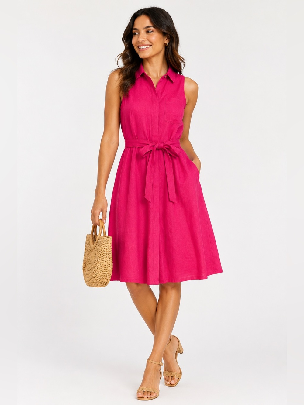 Anthropologie HD in Paris Pink Linen Dress Sz 4 Sleeveless Dress Tie Waist Mi